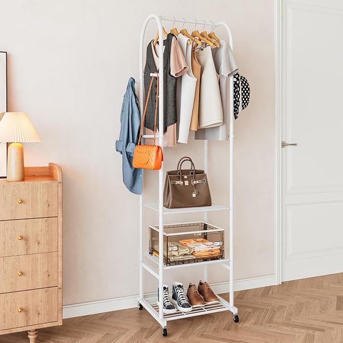 Clothes Rack With Wheels and 3-Tier Metal Shelves,Clothing Rack For Hanging Clothes With 4 Hooks,Garment Rack Wardrobe Organizer for Small Space,Black (white, 16.54 * 18.23 * 72.05)