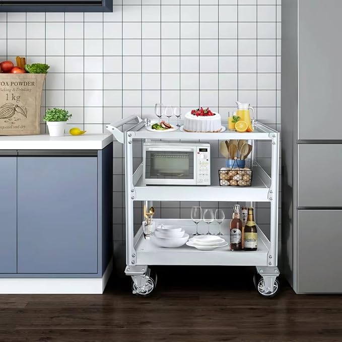 DDJ Stainless Steel Utility Cart on Wheels, 3-Tier 1100 lbs Heavy Duty Tool Cart with Wheels, Commercial Rolling Service Cart for Garage Workshop Warehouse Mechanic Kitchen 18.1" D x 30.7" W x 36.2" H