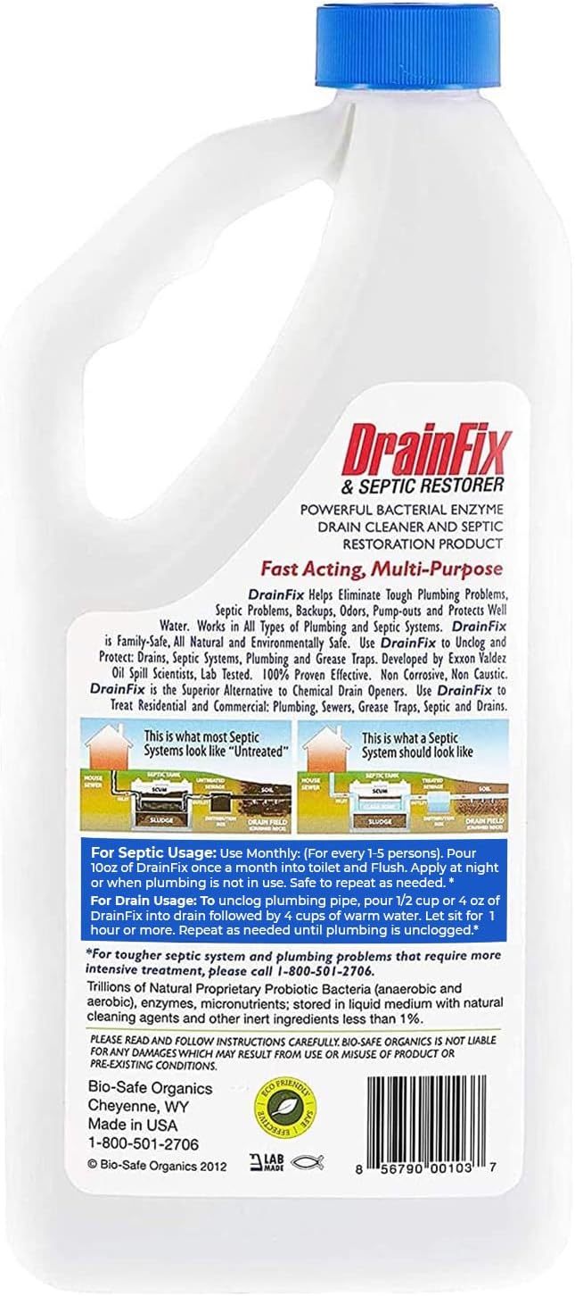 Drainfix & Septic Restorer 32 Oz Septic Tank Treatment | Drainfield Treatment | Septic Safe Drain Cleaner | Enzyme Drain Cleaner | Septic Cleaner | Exxon Valdez Patented - 3 Pack