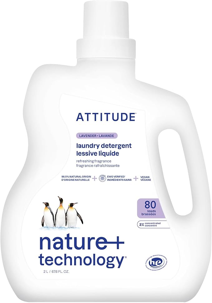 ATTITUDE Liquid Laundry Detergent, EWG Verified, HE Compatible, Plant-Based & Vegan, Natural Laundry Soap, Lavender Scent, 80 Loads, 67.6 Fl Oz