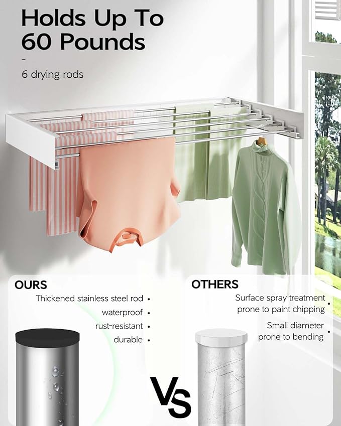 Wall Mounted Clothes Drying Rack 40 inches, Foldable Wall Mount Laundry Rack Folding Indoor, Drying Rack Clothing Collapsible, Hidden Space Saver with Wall Template, 6 Rods, White