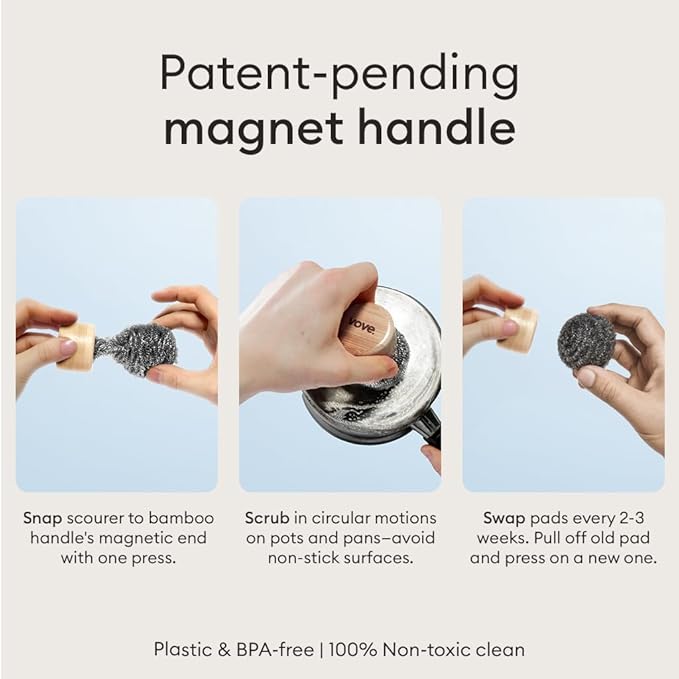 Vove Magnetic Scourer, Stainless Steel Scrubber with FSC-Certified Bamboo Handle, 3 Replacement Pads, Neodymium Magnet, for Cast Iron, Pots & Pans, Griddles, Grills, Plastic-Free Eco-Friendly Cleaner