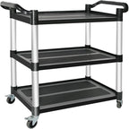 Plastic Utility Carts with Wheels, 3-Tier Restaurant Cart, Heavy Duty Rolling Cart Food Service Cart 420LBS, Bus Cart with Lockable Wheels and Rubber Hammer for Warehouse/Kitchen, Black