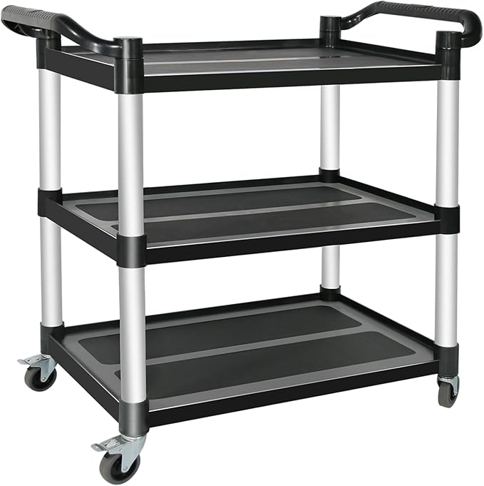 Plastic Utility Carts with Wheels, 3-Tier Restaurant Cart, Heavy Duty Rolling Cart Food Service Cart 420LBS, Bus Cart with Lockable Wheels and Rubber Hammer for Warehouse/Kitchen, Black