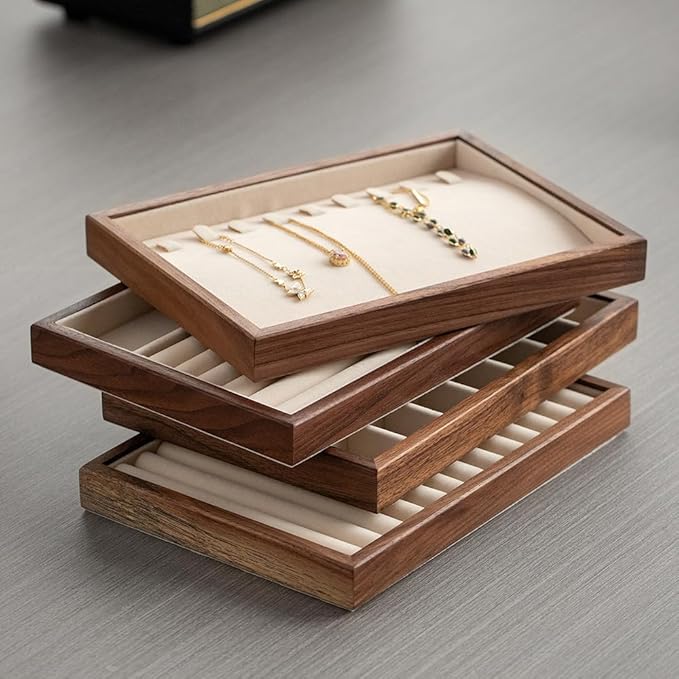 9 Grid Black Walnut Wood Jewelry Tray with Velvet Lining, Stackable Jewelry Organizer for Necklace, Bracelet & Pendant Storage, Premium Elegant Jewelry Drawer Organizer for Women