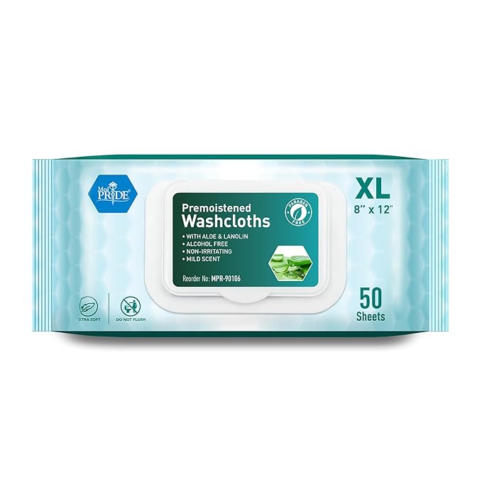 MED PRIDE 600 Count 8 X12 in Premoistened Disposable Wet Washcloths for Adults with Aloe & Lanolin Personal Cleansing Skincare Makeup Removal Travel