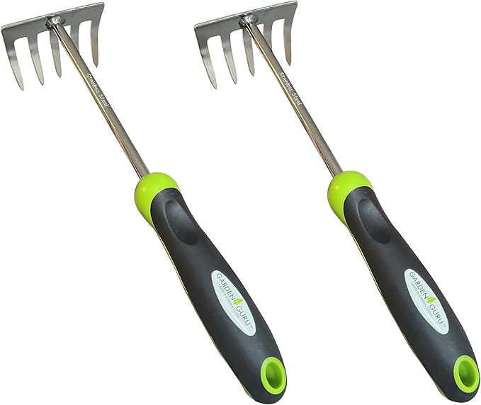 Garden Guru Stainless Steel Hand Rake Cultivator Tiller Tool - Stainless Steel for Ultimate Strength - Rust Resistant - Ergonomic Handle - Gardening Cultivating Loosening Weeding Mulching (2 Pack)