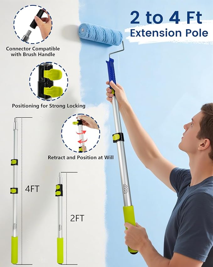 32PCS Paint Roller Kit with Extension Pole - 2 to 4 FT Pole, 4 inch 9 inch Paint Rollers, Paint Brushes for Walls, Painters Tape & Drop Cloth, Microfiber Roller Covers for Professional Painting