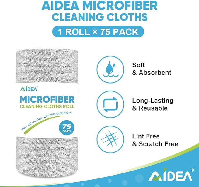 AIDEA Microfiber Cleaning Cloth Roll, Grey 75PK, Reusable Paper Towels Tear Away Cloth, Microfiber Towels for Cars, Wash Cloths, Lint Free Rags for House, Kitchen,Window,Cleaning Supplies 11.5"×11.5"