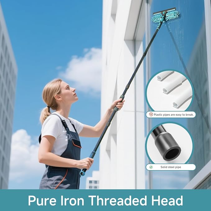 AIDELY 62" Window Squeegee, 2 in 1 Window Cleaning Tool with Telescopic Pole, Rotatable and Bendable Head for High Windows Indoor Outdoor, Includes 2 Blades & 2 Pads (Microfiber+Pads)