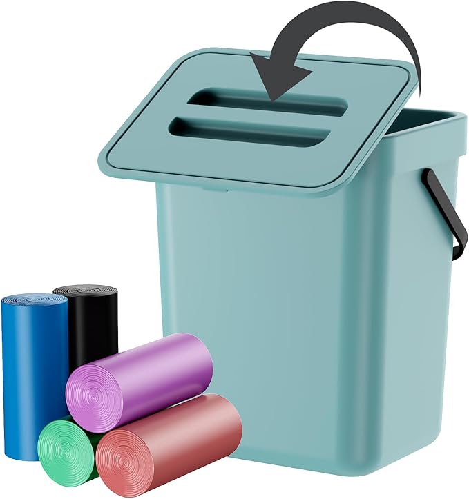 Compost Bin Kitchen, Bring 5 Rolls (100) of Garbage Bags, for Use on Countertops or Under Sinks, Hanging Trash Can with Lid, for Cupboard/Bathroom/Bedroom/Office/Camping(Bule 0.8 Gallon/3L)