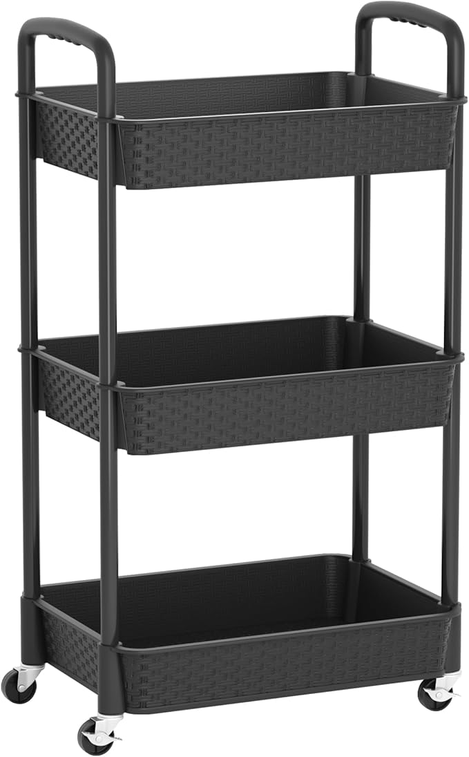 MOYIPIN 3-Tier Plastic Rolling Utility Cart with Handle,Utility Storage Cart for Office, Living Room, Kitchen,Movable Storage Organizer Shelves,Black