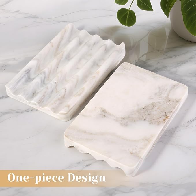 2PCS Koville Italian Natural Marble Soap Dish for Shower, Multi-Color Stone Soap Tray for Bathroom, Bar Soap Holder for Sink, Stripe Grooves Soap Saver Sponge Holder (White/Brown Random)