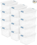 Sterilite 12-Pack Latching Box, Clear Plastic Organizer Bins with White Lids, 64 Quart – Large Stackable Containers for Closet, Bedroom, Garage, Kitchen, and Pantry Organization