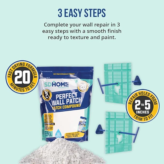 Drywall Repair Plate & Compound Kit by SD Home, Fix Large Holes Fast, Pack of 2 Wall Backing Plates & 1 Fast-Drying Spackle Filler Bag, Easy & Quick DIY Patching for Cracks & Wall Damage