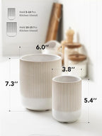 LE TAUCI Utensil Holder for Kitchen Counter, 7.3"+5.4" Fluted Ceramic Utensil Crock Organizer for Countertop, Heavy Large Holder for Spatulas, Spoons, Set of 2, Warm White Glaze
