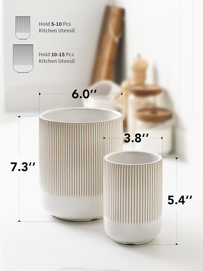 LE TAUCI Utensil Holder for Kitchen Counter, 7.3"+5.4" Fluted Ceramic Utensil Crock Organizer for Countertop, Heavy Large Holder for Spatulas, Spoons, Set of 2, Warm White Glaze