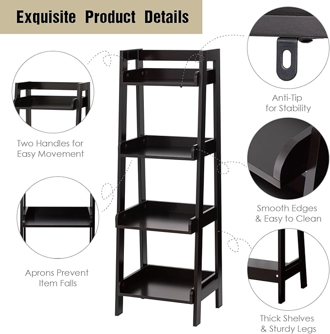 UTEX 4-Tier Ladder Shelf, Bathroom Shelf Freestanding, 4-Shelf Spacesaver Open Wood Shelving Unit, Ladder Shelf (Espresso)