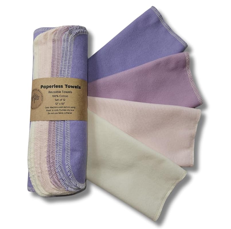 Paperless Towels, 12-12" X 10" Washable Paper Towels, Reusable Paper Towels, 100% Cotton (Lavenders)