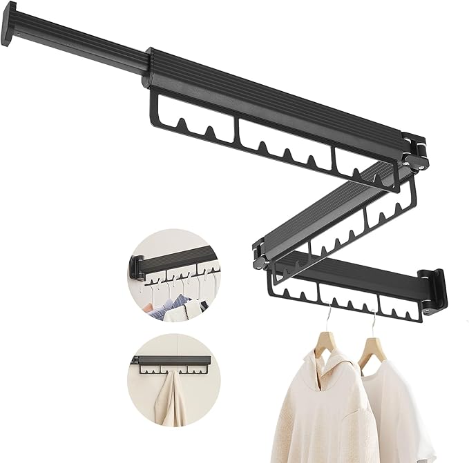 Drying Rack Clothing, Clothes Drying Rack Suitable for Laundry Room and Indoor as Outdoor, with Foldable Features, Wall Mounted Drying Rack, Retractable Clothesline with 30 Windproof Hooks (Black)