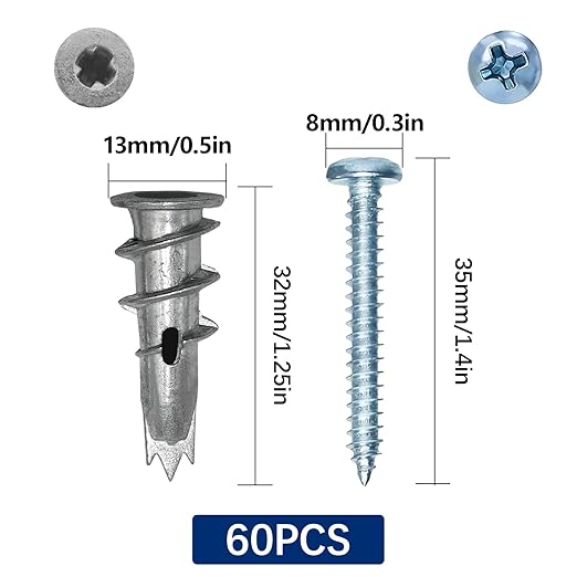 Self Drilling Drywall Anchors with Screws Kit Metal Wall Anchors for Drywall Dry Wall Anchors and Screws Kit 60Pcs Heavy Duty Sheetrock Anchors for Hanging Bathroom Kitchen Accessories