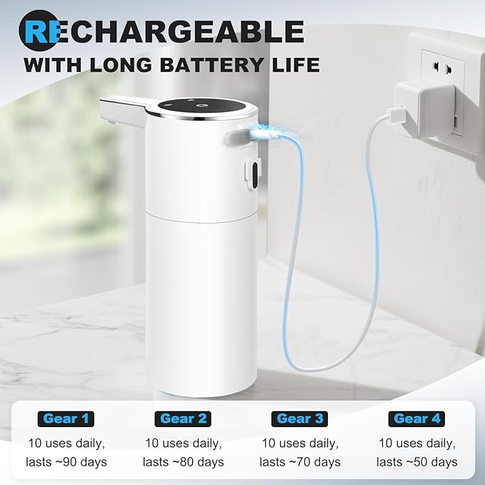 Automatic Soap Dispenser Liquid for Bathroom: 14 OZ Wall Touchless - Plastic White 4-Level Adjustable Modern Auto Electric Soap Dispenser - Kitchen Hand Dish Lotion Kids Family