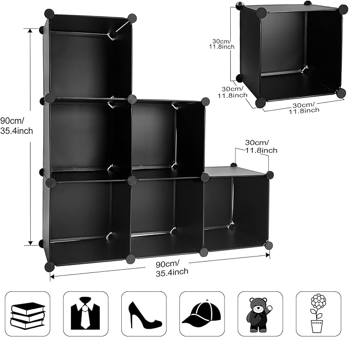 TUMUCUTE Cube Storage Organizer, 6-Cube DIY Plastic Closet Cabinet Modular Bookcase, Storage Shelves for Bedroom Living Room, Office, Black