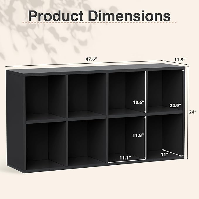 YESHOMY 8 Black Cube Bookcase, Open Frame 2-Tier Book Shelf, Bookshelf Storage Organizer with Adjustable Shelves for Organization, Room Decor