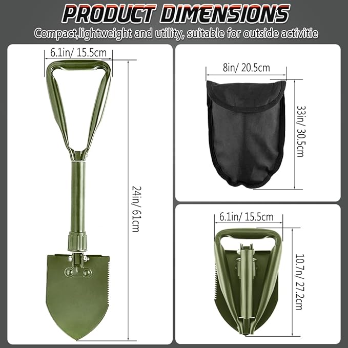 Digging Shovel - 24'' Lightweight Folding Shovel High Carbon Steel Portable Digging Trowels for Outdoor Camping Backpacking Hiking Car EmergencHome Garden (Olive)