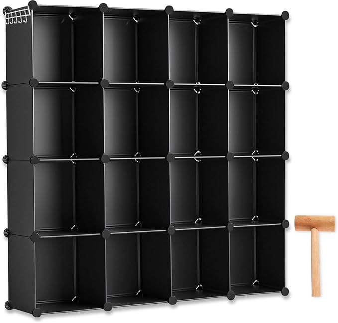 Whitmor 16 Cube Closet Organizers and Storage, Stackable Plastic Closet Shelves with Hooks & Mallet, DIY Clothes Organizer, Cube Bookshelf, Portable Storage Organizer for Bedroom, Home, Office, Black