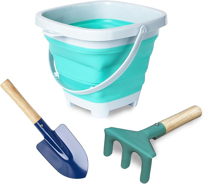 3 Pieces Collapsible Beach Bucket for Kid Toddler,Toddler Outdoor Toys Shovel and Rake Made of Metal for Kids Beach Travel