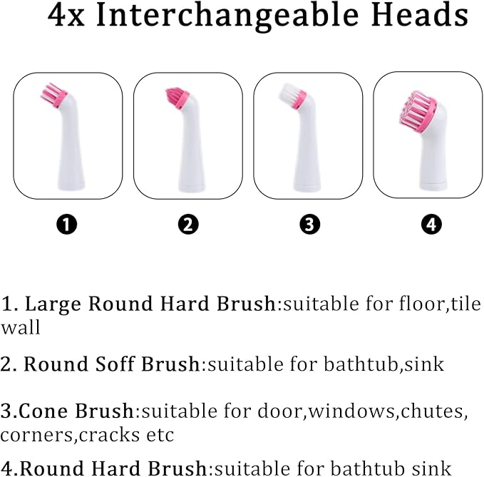 Electric Brush with 4-in-1 Multiple Brush Heads, Cordless Motorized Cleaning Brush for Bathroom, Toilet, Kitchen, Tile, Crevice