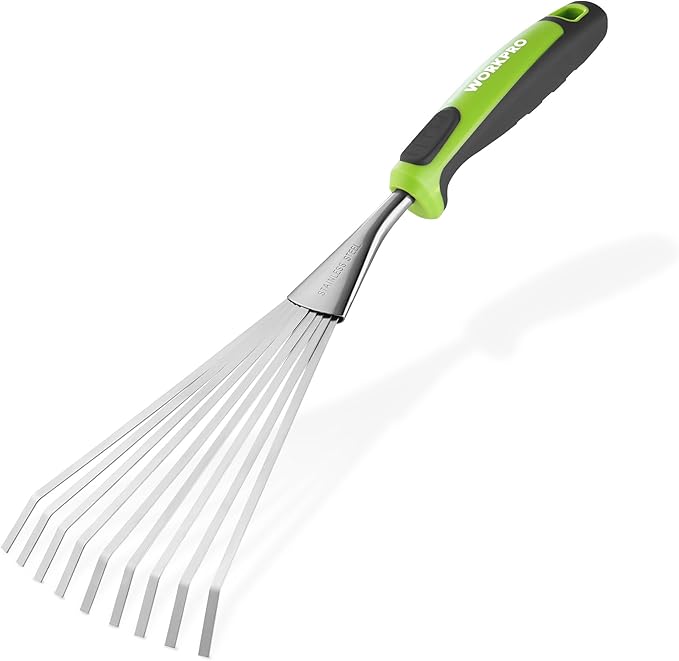 WORKPRO 16" Hand Rake, Heavy Duty Stainless Steel Garden Rake with Soft Handle, Small Garden Hand Tool for Gardening, Cultivating, Loosening Soil & Spreading Mulch, Flower Beds