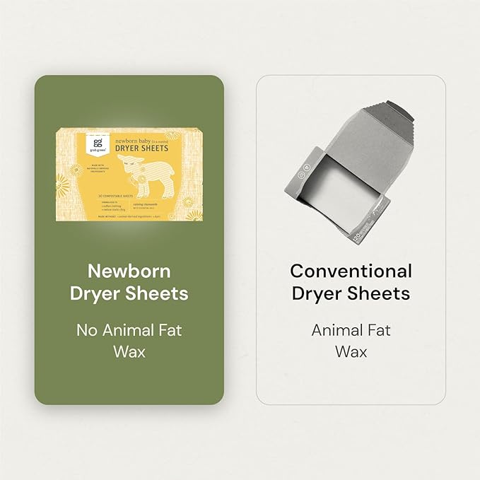 Grab Green Newborn Baby Dryer Sheets, 120 Sheets, Chamomile Scent, Plant and Mineral Based, Compostable, Softens Clothing and Linens, Reduces Static Cling