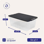 HOMZ 4-Pack Secure Latch, Clear Plastic Storage Organizer Bins, 15 Quart, Gray Lid - Stackable Container Boxes for Bedroom, Bathroom, Garage, and Office Organization