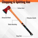 Chopping Axe: 33.5” Hatchet Axe with Shock Absorbing Fiberglass Handle 4.5lbs Felling Axes for Splitting Log Cutting Firewood GardeningTool