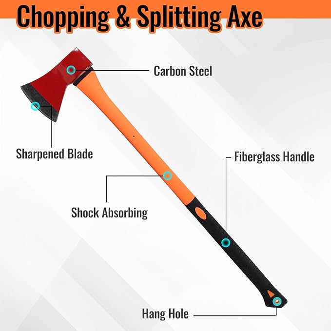 Chopping Axe: 33.5” Hatchet Axe with Shock Absorbing Fiberglass Handle 4.5lbs Felling Axes for Splitting Log Cutting Firewood GardeningTool