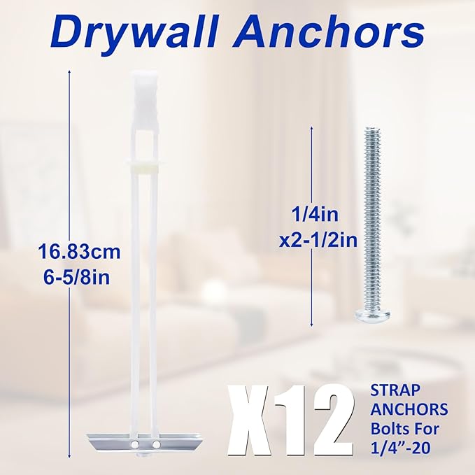 Heavy Duty Drywall Anchor Bolts with 1/4"-20 Fastener Suitable for TV Mounting Hollow Wall Anchor Bolt Screw Kit Supports Up to 270 lbs Each on 1/2 Inch Drywall Pack of 12
