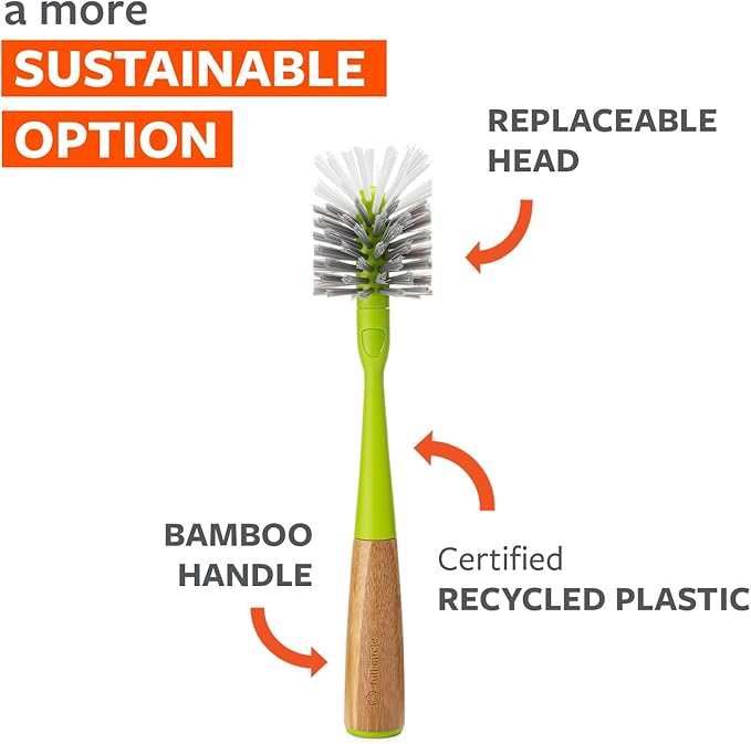 Full Circle Clean Reach - Bamboo Handle Bottle & Mug Scrubber with Replaceable Head, Long Handle Brush for Deep Cleaning Water Bottles, Baby Bottles, Flasks, Tumblers, Vases, and Kitchen Sink, Green