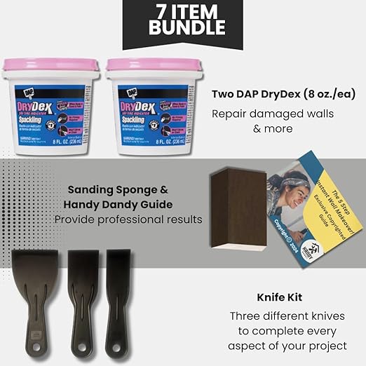 Drywall Repair Kit Bundle with DAP Drydex Spackling Pink, Sanding Block, Putty Knives, Handy Dandy Guide, and Nail Hole Filler for Walls