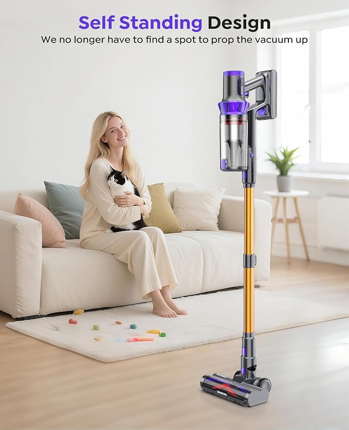 Cordless Vacuum Cleaner, 580W 48KPA 65Mins Runtime Self-Standing Vacuum Cleaners for Home, Stick Vacuum with Charging Dock Station Removable Battery, Handheld Vacuum for Carpet,Pet Hair,Hardwood Floor