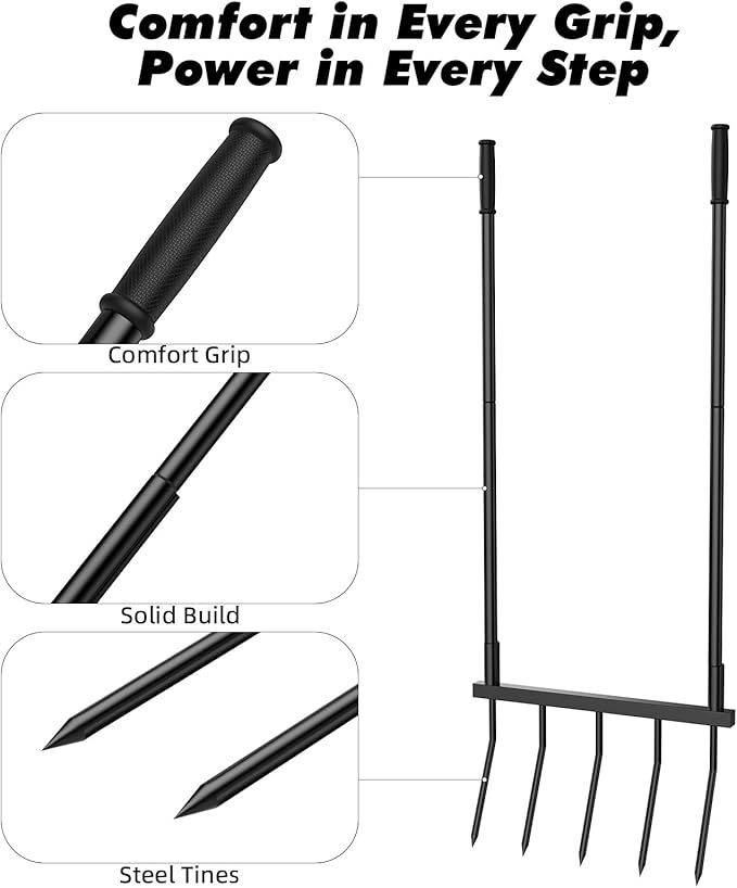 Broadfork Garden Tool Heavy Duty, 5 Tines Broad Fork for Gardening, U-Shaped Garden Fork for Loosening Soil, 20 in. Wide Broadforks for Gardening, 55 in. Heigh