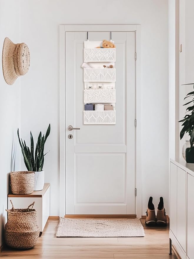 Macrame Over the Door Organizer Boho Decor Nursery Storage, Leaf Weaving Closet Organizers and Storage，with 4 Hanging Pockets, Behind Door for Bathroom, Bedroom