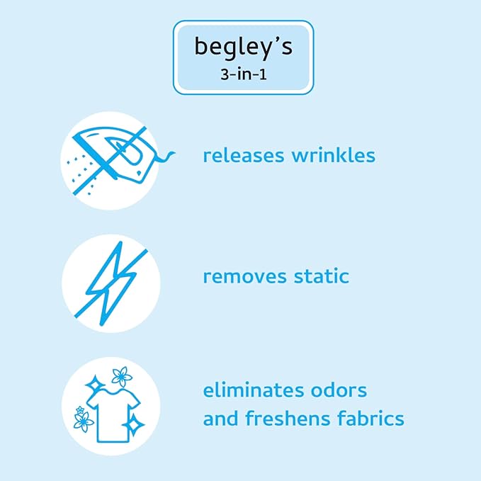 Begley's 3-in-1 Wrinkle Remover, Quick Fix Wrinkle Release, Static Cling Remover, Odor Eliminator and Fabric Refresher Spray - USDA Certified Biobased - Fragrance-Free, 16 oz, 2 Pack