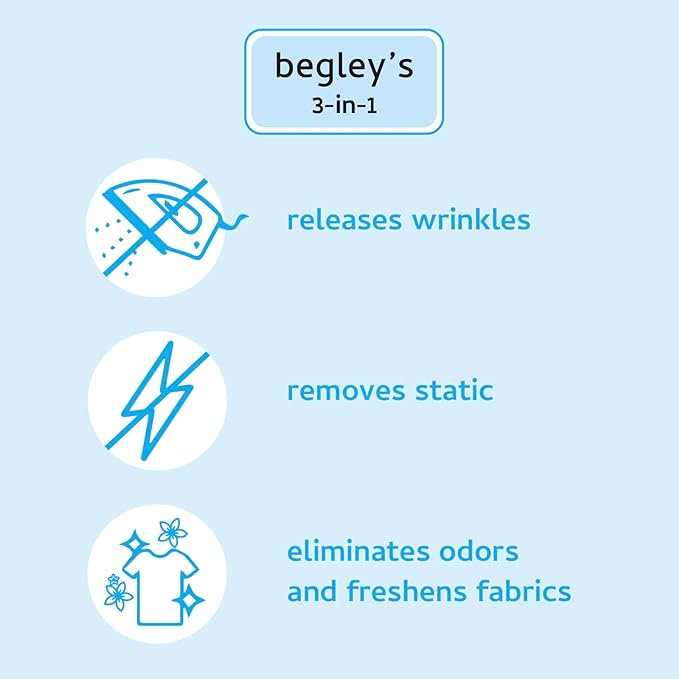 Begley's 3-in-1 Wrinkle Remover, Quick Fix Wrinkle Release, Static Cling Remover, Odor Eliminator and Fabric Refresher Spray - USDA Certified Biobased - Fragrance-Free, 16 oz