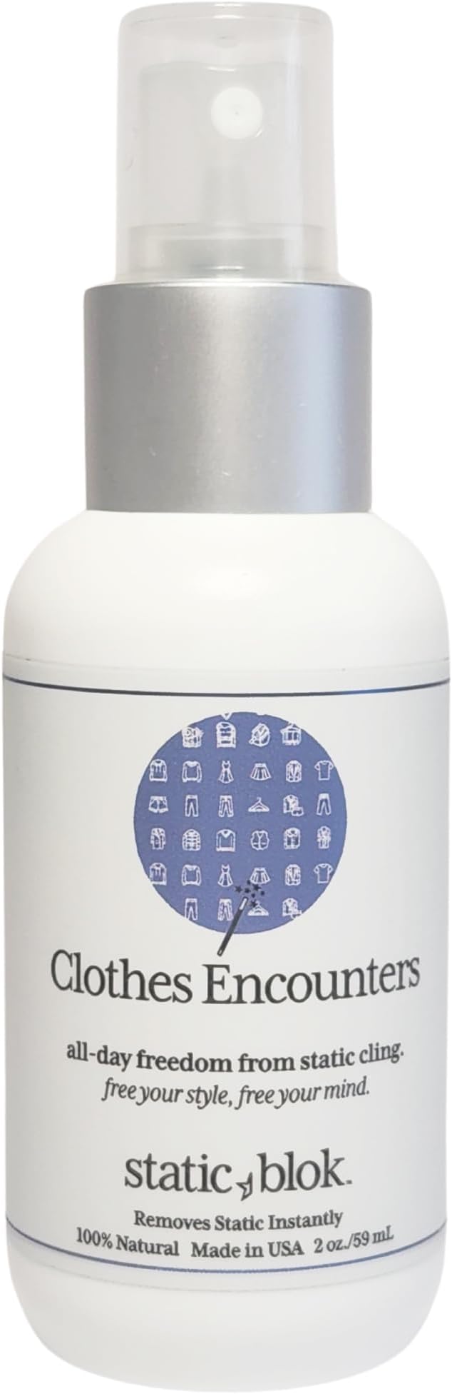 Anti-Static Spray for Clothes - Instantly Eliminate Static Cling, Flyaways, and Shocks from Clothes, Fabrics, Linens, Blankets & Rugs- All-Natural Formula - Lasts All Day- 2oz Travel Size