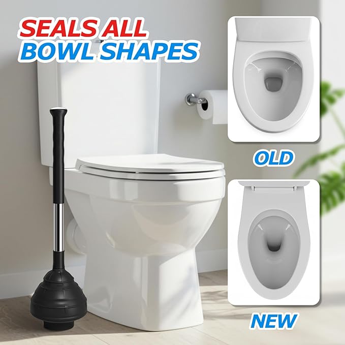 Heavy Duty Toilet Plunger - Powerful Clog Removal,Plungers for Bathroom,Bathroom Accessories,Cleaning Supplies,Home Essentials,Bathroom Decor,Toilet Bowl Cleaners,Black