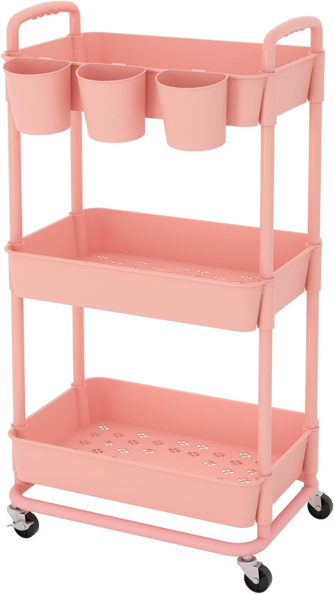 JIUYOTREE 3-Tier Plastic Rolling Storage Cart Utility Cart with Extra Hanging Cups Handles Lockable Wheels for Living Room Bathroom Kitchen Office Pink