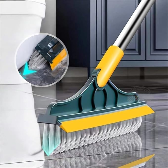 2 in 1 Floor Brush Scrubber with Long Handle Upgrade 3 Poles 53.5'' Grout Brush Scrape Stiff Bristle Cleaning Scrub Brush with Squeegee 120°Rotating Tile Brush for Cleaning Bathroom Glass Kitchen