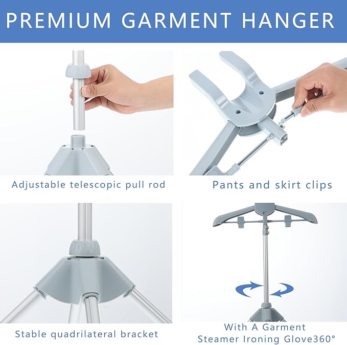 Garment Steamer Rack & Garment Ironing Glove for Clothes,Adjustable Steamer Stand for Clothes,Adjustable Garment Hanger Standing,Foldable Iron stand with Ironing Glove for Steaming Clothes(32-63 Inch)